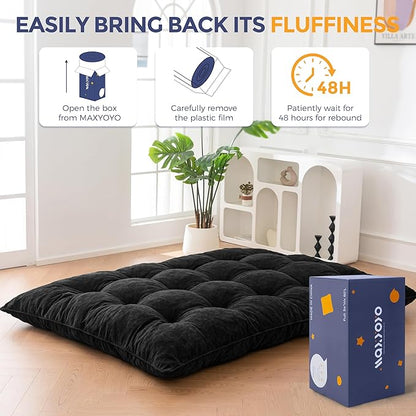 MAXYOYO Japanese Floor Mattress Queen Size, 6" Foldable Futon Mattress Tufted Roll Up Floor Bed, Thick Chenille Tatami Mat Sleeping Pad for Camping Guest Room Dormitory Bedroom RV, Black