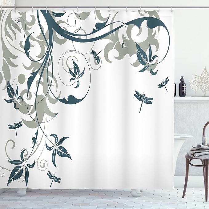 Ambesonne Dragonfly Shower Curtain, Swirled Floral Background Damask Curl by Ambesonne