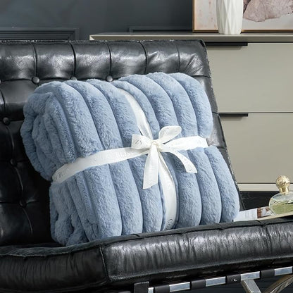 Cozy Bliss Faux Fur Throw Blanket for Couch, Cozy Warm Plush Striped Blanket for Sofa Bedroom Living Room, 108 * 90 Inches Light Blue