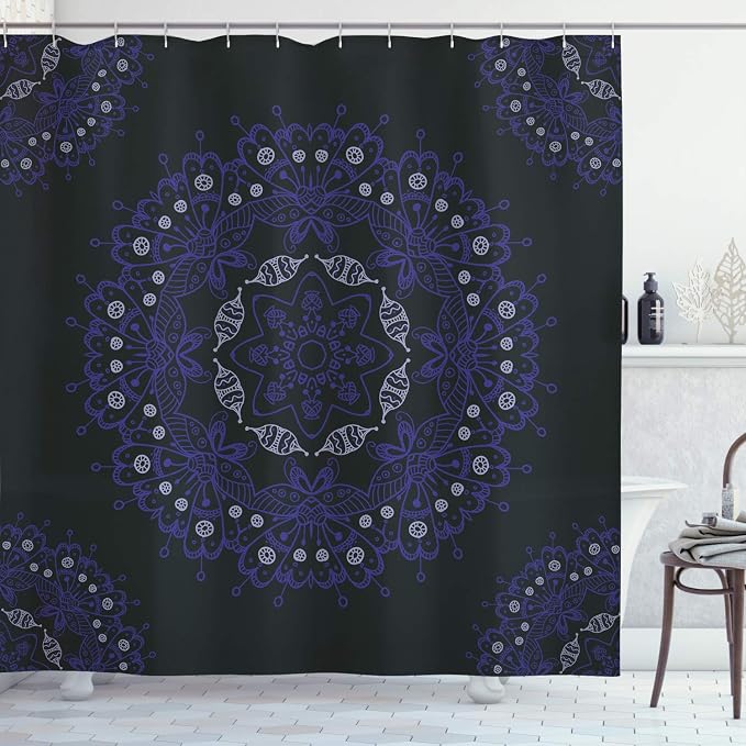 Ambesonne Dark Blue Shower Curtain, Oriental Round Ornate Mandala Lace Style by Ambesonne