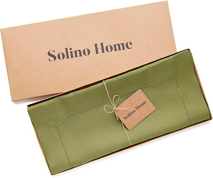 Solino Home Linen Table Runner 120 Inches Long - 100% Pure Linen Avocado Green Table Runner 14 x 120 Inch - Classic Hemstitch