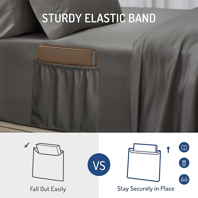 Degrees of Comfort King Sheet Set for Air Mattress – Extra Deep Pocket Fitted Sheet up to 22”, 4-Piece Bedding Sets with Dual Side Storage Pockets, Soft Breathable, Wrinkle-Resistant, Grey