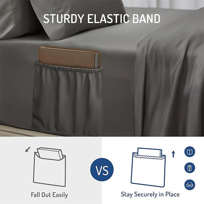 Degrees of Comfort King Sheet Set for Air Mattress – Extra Deep Pocket Fitted Sheet up to 22”, 4-Piece Bedding Sets with Dual Side Storage Pockets, Soft Breathable, Wrinkle-Resistant, Grey