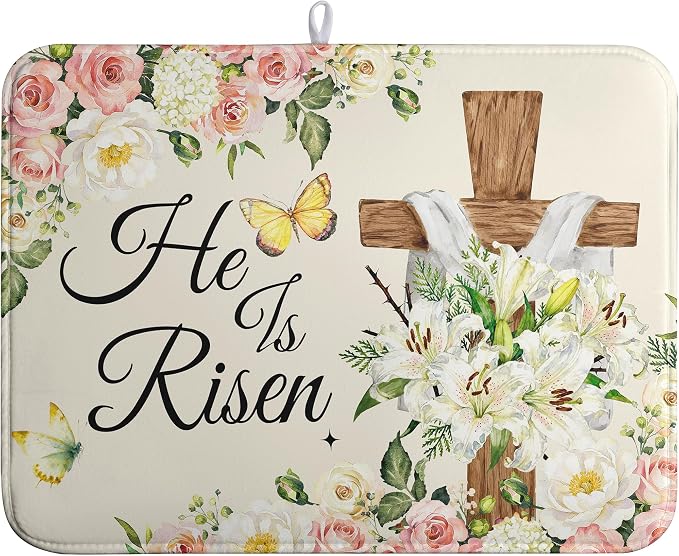 Easter He Is Risen Dish Drying Mats Spring Floral Dish Mat Easter Cross Drying by farg