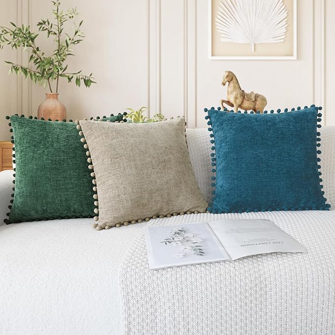 CaliTime Throw Pillow Covers Decorative 16 X 16 Inches Pack of 2 Cozy Solid Dyed Soft Chenille Cushion Cases with Pom Poms for Couch Sofa Bed Living Room Home Taupe