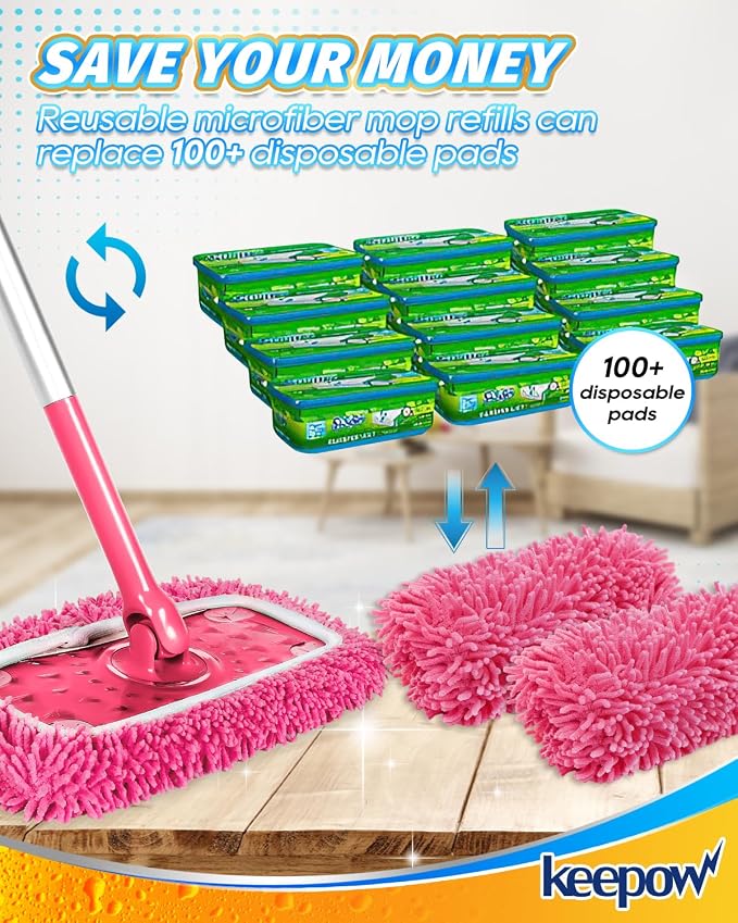 KEEPOW Pink Reusable Dry Sweeping Cloths Microfiber Wet Mop Pads Compatible - Image 3