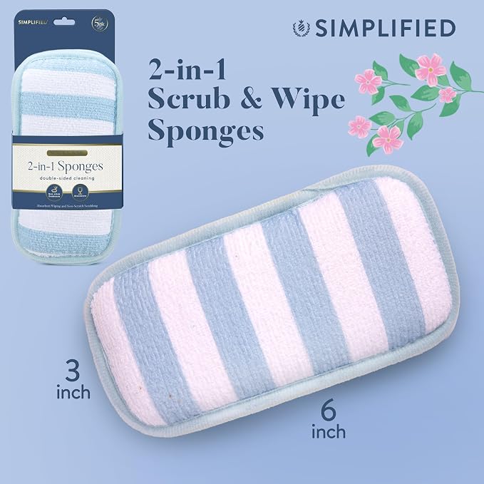 Simplified 5-Pack Scrub & Wipe 2-in-1 Dishwashing Sponges - Image 6