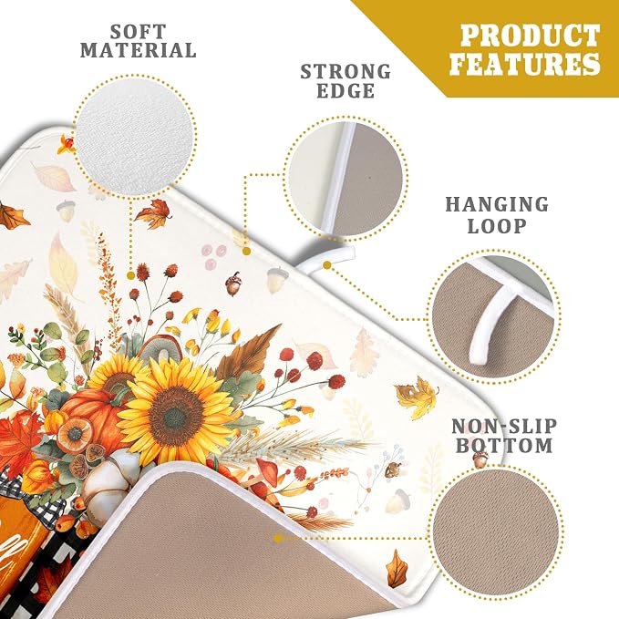 Autumn Pumpkin Dish Drying Mat 16x18 Inch Sunflower Flower Vase Washable - Image 4