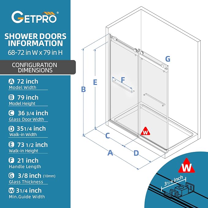 GETPRO Shower Door 69-72" W x 79" H, Frameless 3/8 inch Tempered Glass Shower - Image 8