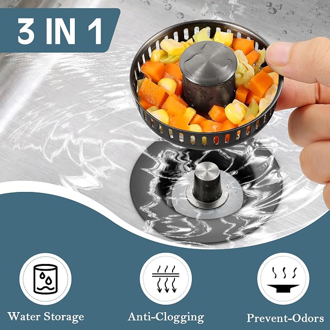 Kitchen Sink Drain Strainer 3 in 1, 304 Stainless Steel Pop Up Sink Stopper - Image 2