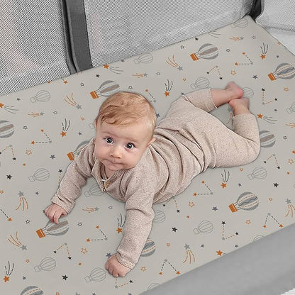 Pack n Play Sheets, BROLEX 2 Pack Mini Crib Sheets,Stretchy Portable Fitted Playard Sheet Set, Convertible Playard Mattress Cover,Ultra Soft Breathable Material,Starsmoon Balloon