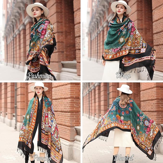 DANA XU 100% Merino Wool Pashmina Shawl for Women 96"x43", Oversized Cashmere Wrap with Tassels, Floral Travel Blanket Cape