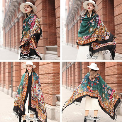 DANA XU 100% Merino Wool Pashmina Shawl for Women 96"x43", Oversized Cashmere Wrap with Tassels, Floral Travel Blanket Cape
