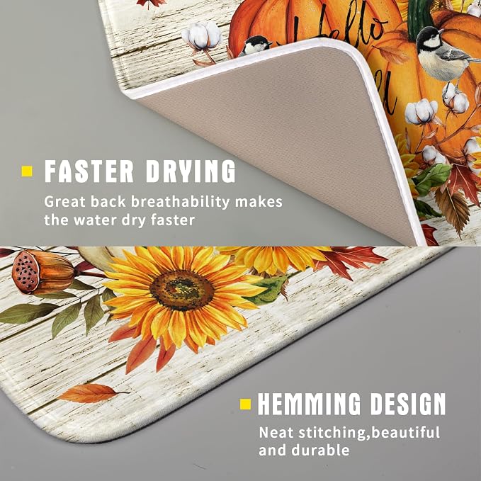 Hello Fall Dish Drying Mat Autumn Pumpkin Dish Drainer Rack Mats 16"x18" Fast - Image 3