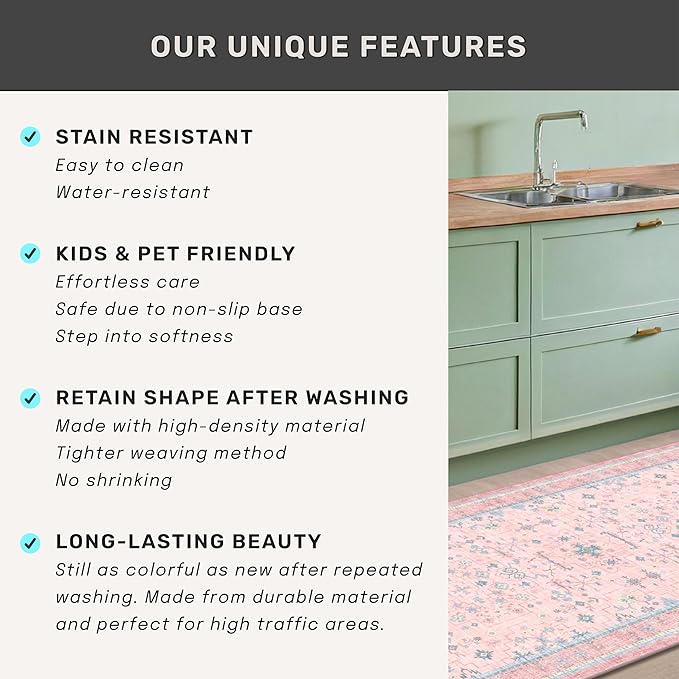 Pink and Blue Washable 5x8 Living Room Rugs, Boho Aethestic Oushak Vintage Area Rug for Bedroom Girls Kids Playroom Nursery Room, Non-Slip Rubber Backing Stain Resistant