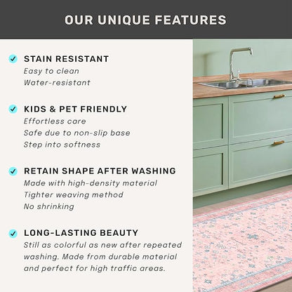 Pink and Blue Washable 5x8 Living Room Rugs, Boho Aethestic Oushak Vintage Area Rug for Bedroom Girls Kids Playroom Nursery Room, Non-Slip Rubber Backing Stain Resistant