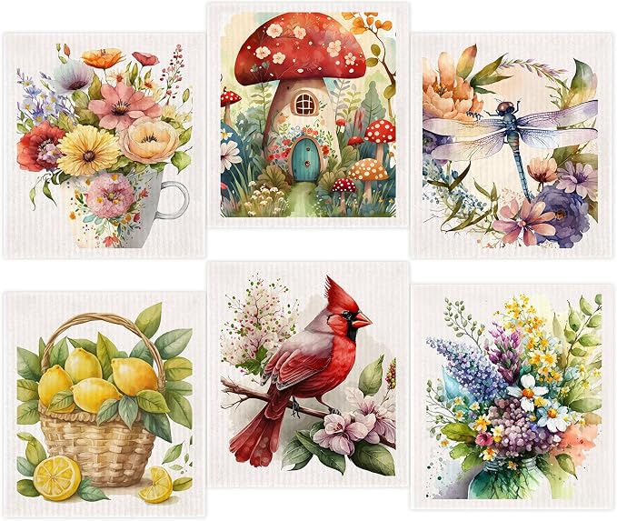 Morigins Spring Flowers Bird Swedish Dish Cloths by Morigins