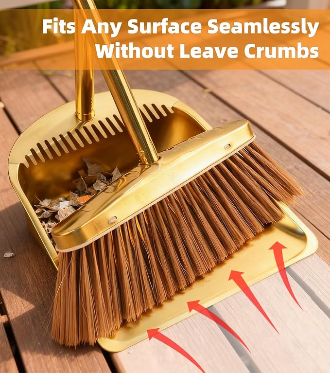 Gold Stainless Steel Broom and Dustpan Set, 2-Piece Long Handle Standing Pan - Image 6
