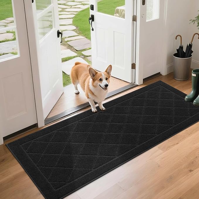 BEQHAUSE Dirt Trapper Door Mat 24" x 60", Doormat Non-Slip Entryway Rugs Washable, Dog Door Mat Stain Resistant and Absorbent Welcome Floor Mat for Front Back Door, Muddy Wet Shoes & Paws, Black