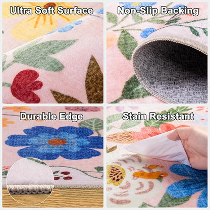 8x10 Area Rugs for Living Room: Floral Washable Rug Vintage Large Soft Boho Non-Slip Carpet Indoor Floor Stain Resistant Carpets for Bedroom Dining Room Farmhouse Nursery Home Office Beige