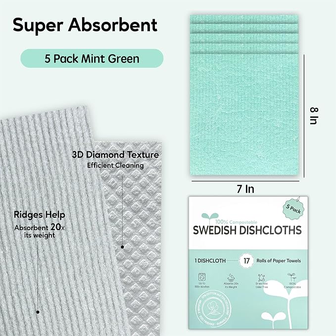 Swedish Dishcloths for Kitchen, 5 Pack Swedish Dish Cloths, Ultra Absorbent - Image 2