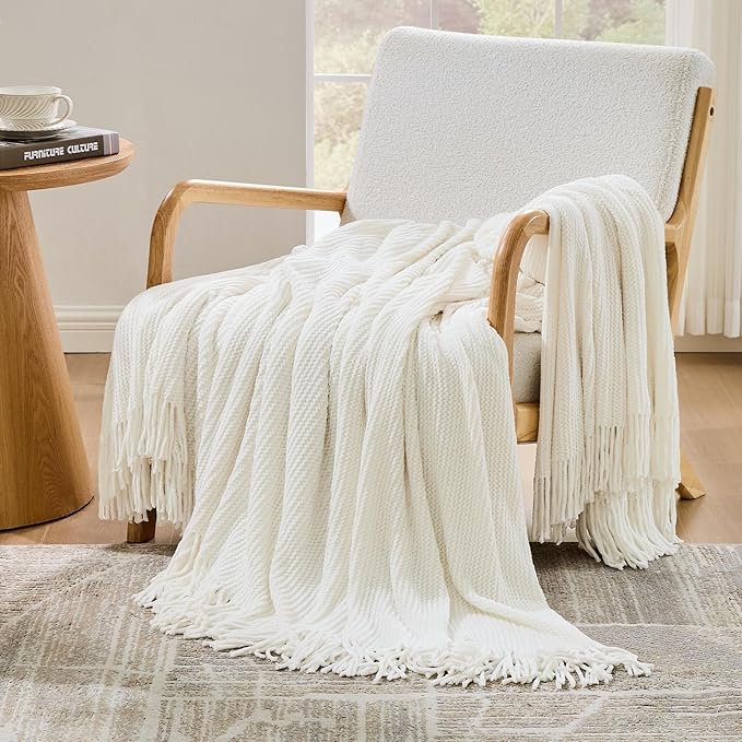 inhand Throw Blanket for Couch Bed,Chunky Chenille Woven Soft Blankets with Tassels,Cozy Boho Farmhouse Fall Winter Decor,Warm for Women,50"x60",Medium Thick-Off White