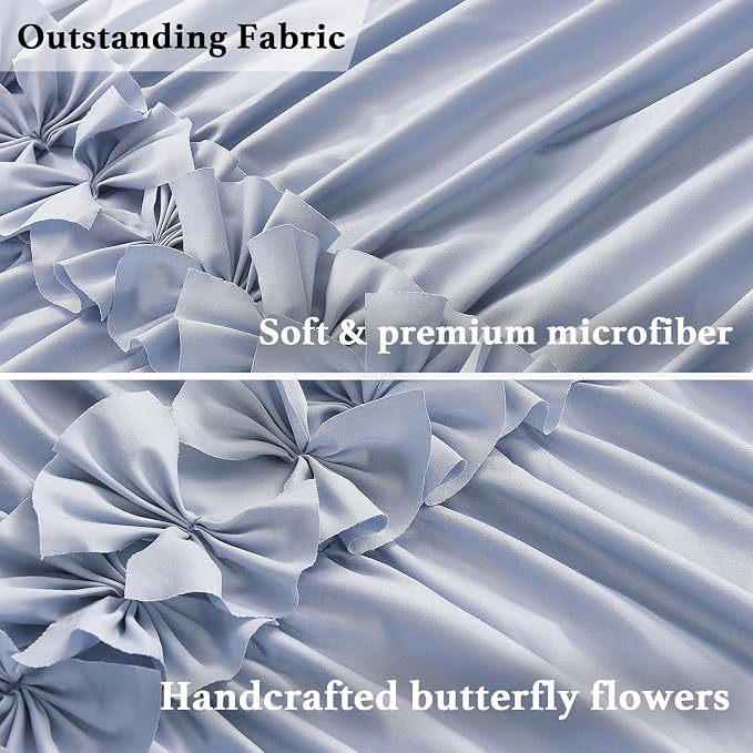 Fog Blue Ruffle Shower Curtain, Vintage Handcrafted Bow Tie Bath Curtain - Image 4