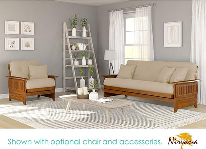 Nirvana Futons Brentwood Tray Arm Futon Sofabed Set - Queen Frame, 8" Microfiber Khaki Mattress, Heritage Finish