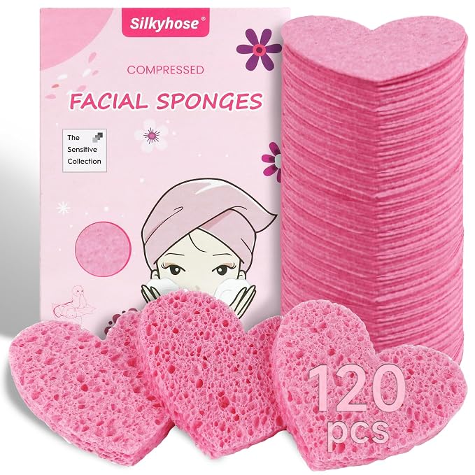 Women 120-Count Compressed Cellulose Heart Shape Face Facial Sponges 100% by Silkyhose