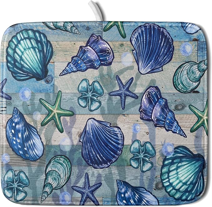 Starfish Seashell Dish Drying Mat 16x18 inch Coastal Beach Dish Drainer Rack by Giwawa