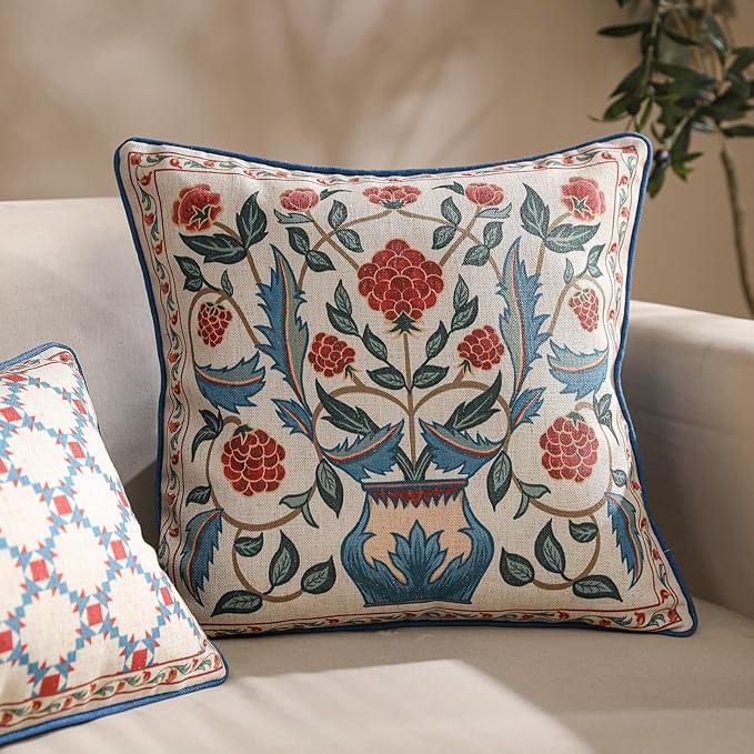 patdrea Designer Throw Pillow Covers,Square Brilliant Vintage Red Tropical Linen with Floral Pattern Pillow Cover,Decorative Pillowcases Cushion for Bed Living Room Outdoor Car,18"x18"