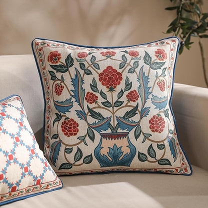 patdrea Designer Throw Pillow Covers,Square Brilliant Vintage Red Tropical Linen with Floral Pattern Pillow Cover,Decorative Pillowcases Cushion for Bed Living Room Outdoor Car,18"x18"