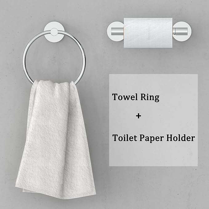 Polished Finish Toilet Paper Holder & Towel Ring SUS304 Stainless Steel 2pc - Image 2