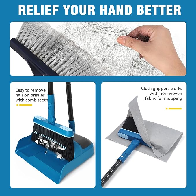 JEHONN Dustpan and Brush Set, 54 inches Long Handle Swivel Broom, Upright - Image 3