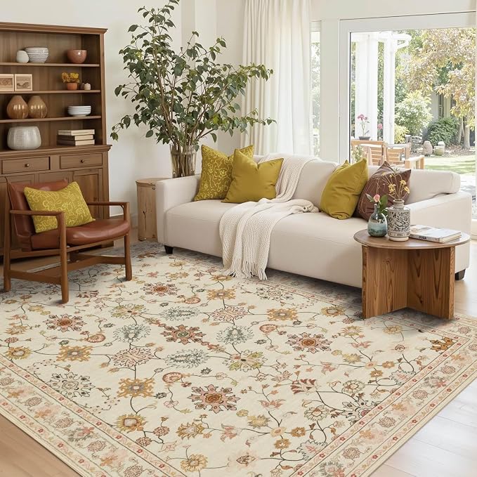 Floral Rug for Living Room Bedroom, 5x7 Washable Rug, Vintage Boho Area Rug by Rugxara