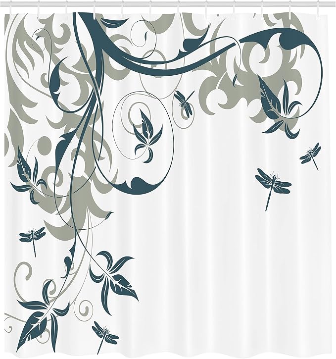 Ambesonne Dragonfly Shower Curtain, Swirled Floral Background Damask Curl - Image 2