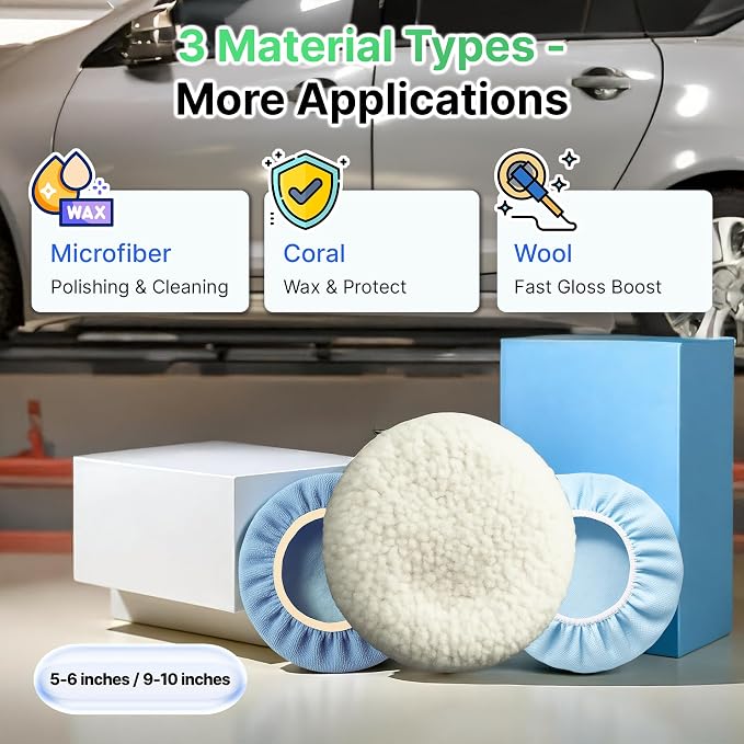 6 Pack Buffing Pads, Polishing Pad Covers, Microfiber & Wool - Image 2