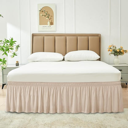 Biscaynebay Wrap Around Bed Skirts for Queen Beds 14" Drop, Sand Adjustable Elastic Dust Ruffles Easy Fit Wrinkle Resistant Silky Luxurious Fabric Machine Washable