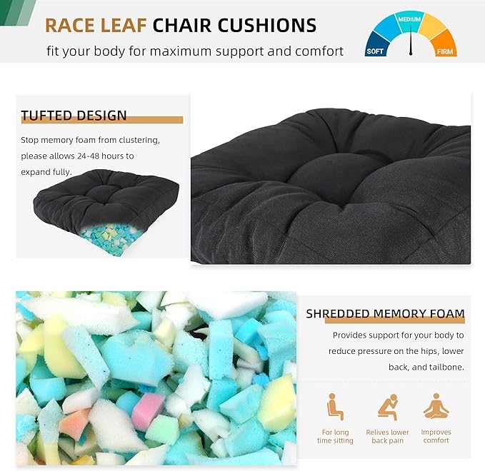 RACE LEAF 19" x 19" Patio Chair Cushions Black - Outdoor/Indoor Tufted Memory Foam Chair Pads Set of 2, Water-Resistant Olefin Chair Seat Cushion Non-Slip Backing