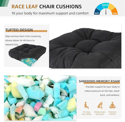 RACE LEAF 19" x 19" Patio Chair Cushions Black - Outdoor/Indoor Tufted Memory Foam Chair Pads Set of 2, Water-Resistant Olefin Chair Seat Cushion Non-Slip Backing