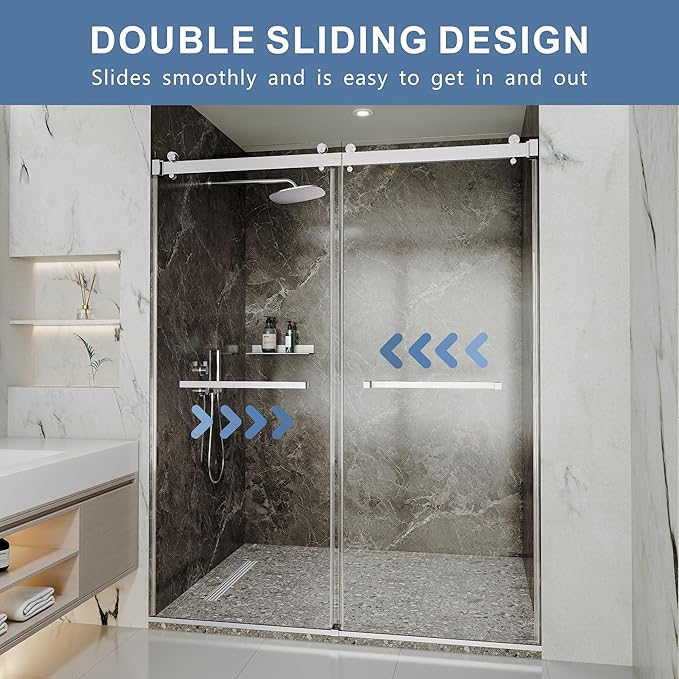 50-54" W x 76" H Frameless Shower Door, Double Sliding Glass Shower Door - Image 2