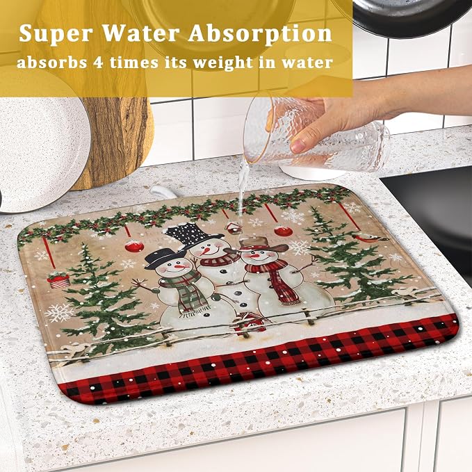 Winter Snowman Dish Drying Mat 16x18 Inch Red Buffalo Plaid Holiday Dish - Image 7