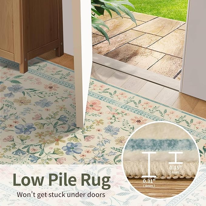Floral Rug for Entryway, 3x5 Washable Area Rug, Non Slip Low Pile Carpet - Image 6