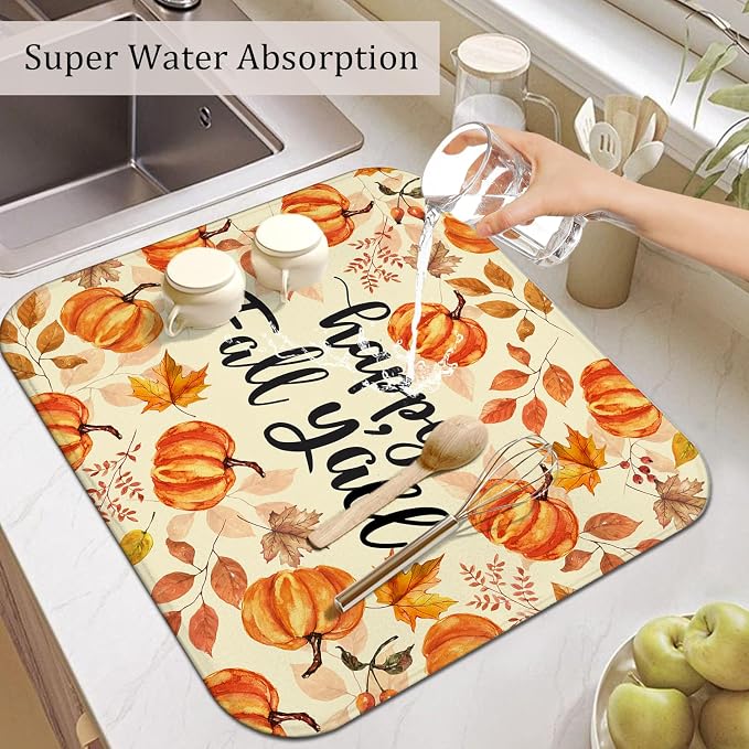 Fall Dish Drying Mat for Kitchen Counter, Autumn Pumpkin Maple Leaf Pattern - Image 5