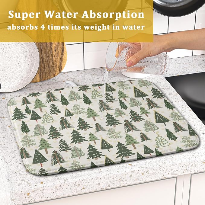 Christmas Dish Drying Mat for Kitchen Counter 16x18 Green Xmas Tree Block Print - Image 7