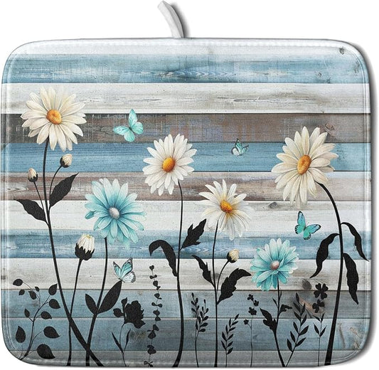 Blue White Daisy Floral Dish Drying Mat by Anyako