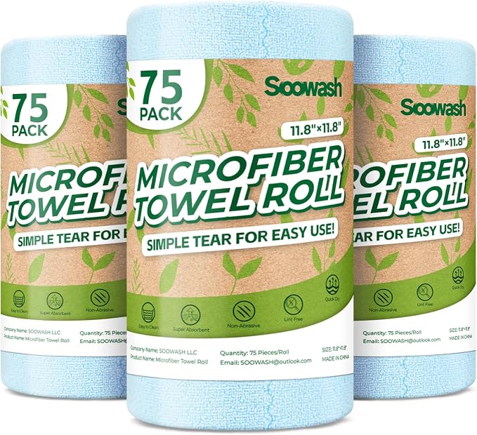 Microfiber Cleaning Cloths Roll, 225 Pack Tear Away Microfiber Towels Roll by SOOWASH