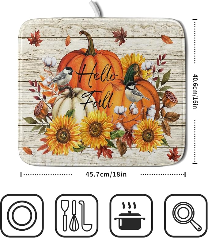 Hello Fall Dish Drying Mat Autumn Pumpkin Dish Drainer Rack Mats 16"x18" Fast - Image 2