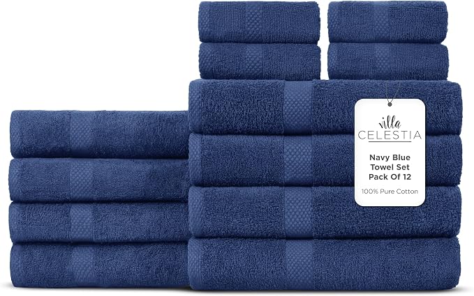 100% Cotton Bath Towel Set of 12-4 Bath Towels, 4 Hand Towels, 4 Wash Cloths by VillaCelestia