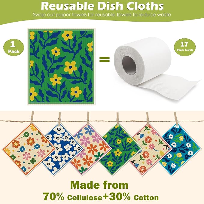 6 Packs Swedish Paper Cloths for Kitchen, Reusable Paper Towels Washable Dish - Image 3